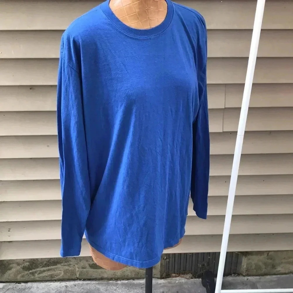 Hanes Mens Large Long‎ Sleeve T-Shirt Royal Blue Crew Neck Cotton Blend RN 20793